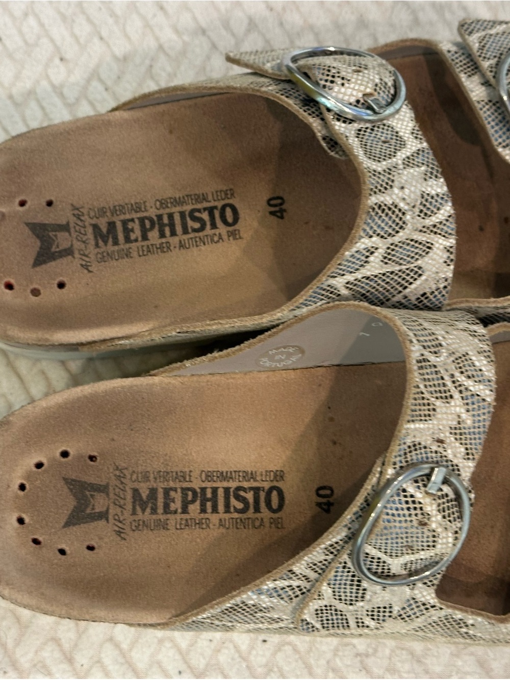 Mephisto Beige Snake-Pattern Leather Slide Sandals with Silver Buckles